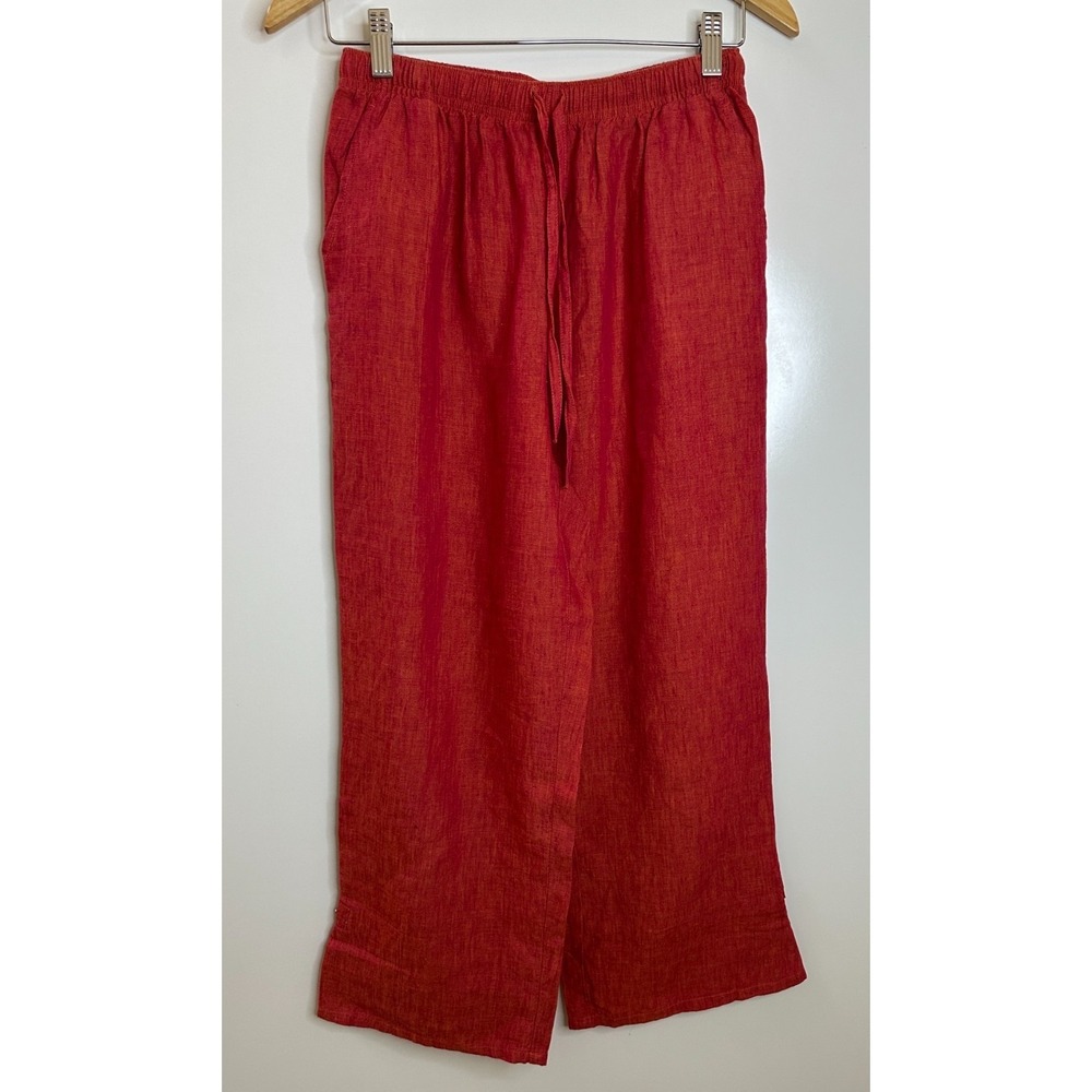 Orvis 100% Linen Elastic Waist Drawstring Crop Pants Button Slit Back Red Small - Picture 14 of 15